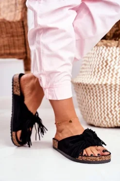 Damskie Boto Damskie Czarne Klapki Na Korku Frędzle Marina