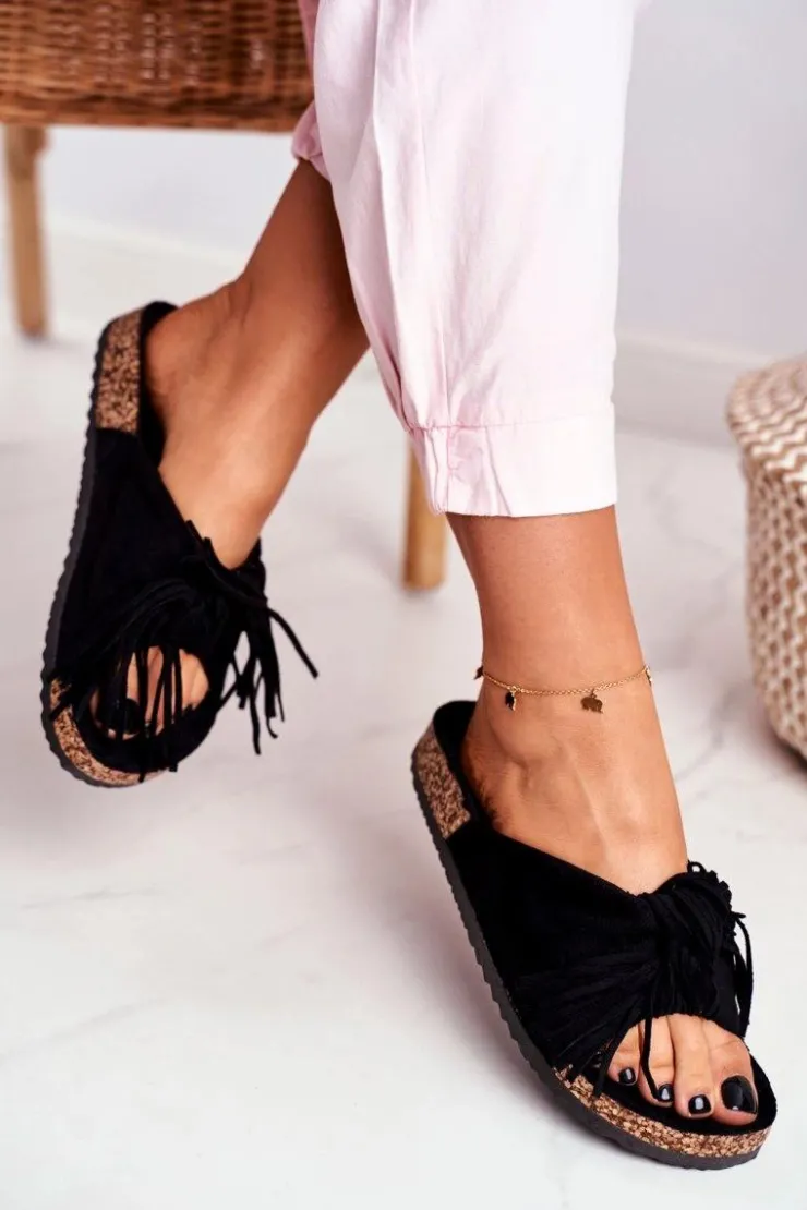 Damskie Boto Damskie Czarne Klapki Na Korku Frędzle Marina