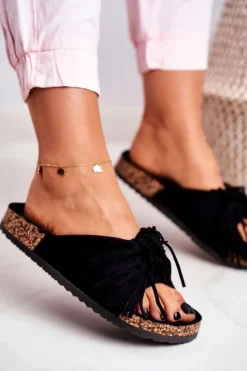 Damskie Boto Damskie Czarne Klapki Na Korku Frędzle Marina