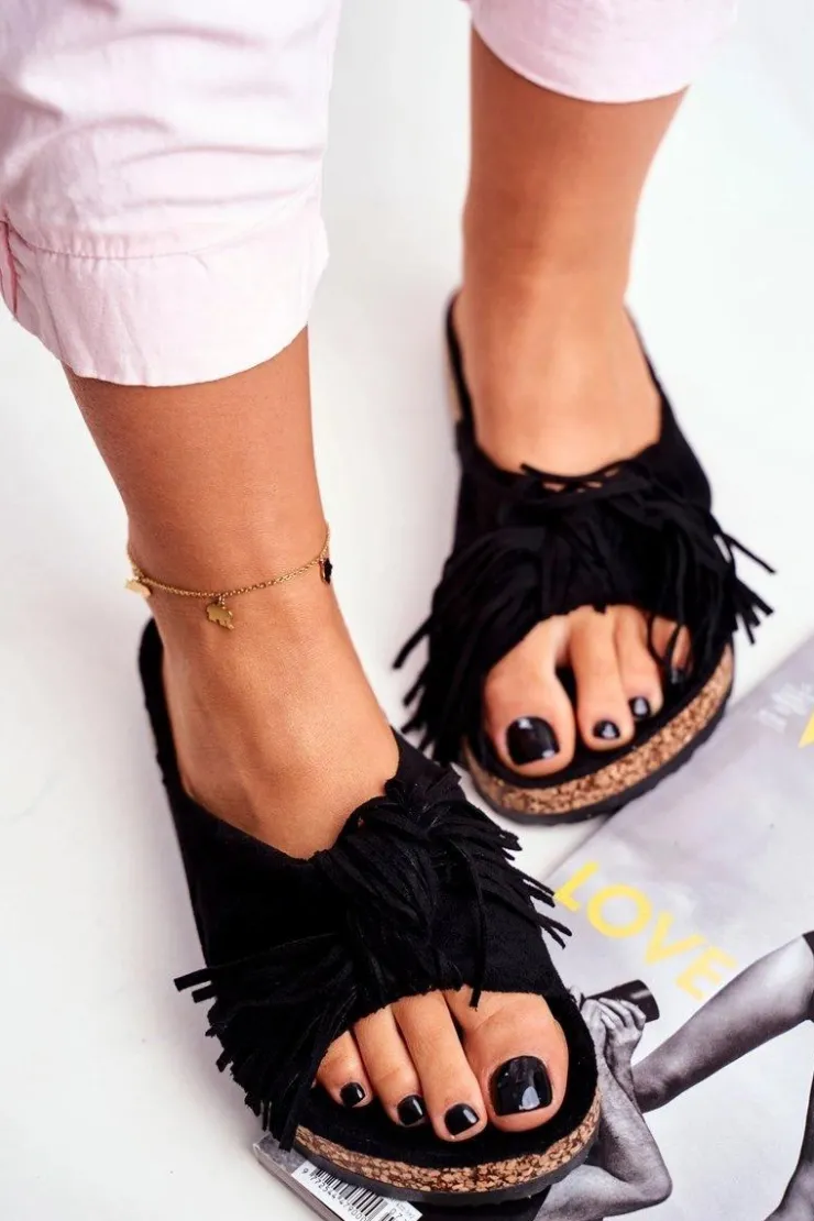 Damskie Boto Damskie Czarne Klapki Na Korku Frędzle Marina