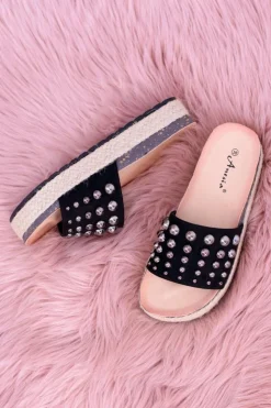 Damskie Boto Damskie Czarne Klapki z Cyrkoniami Orto