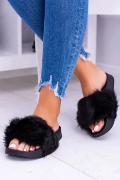 Damskie Boto Damskie Czarne Klapki Z Dużym Futerkiem Fluffy