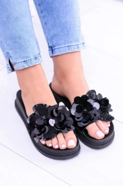 Damskie Boto Damskie Czarne Klapki z Kwiatowym Wzorem Muah