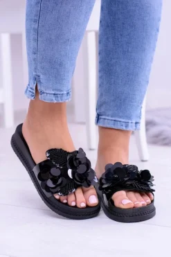 Damskie Boto Damskie Czarne Klapki z Kwiatowym Wzorem Muah