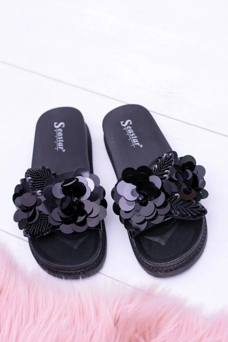 Damskie Boto Damskie Czarne Klapki z Kwiatowym Wzorem Muah