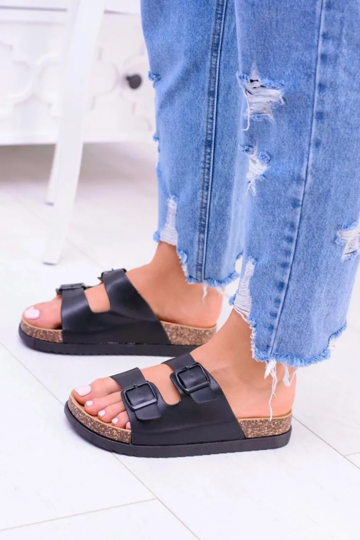 Damskie Boto Damskie Czarne Klapki Z Klamrami Na Korku Ferone