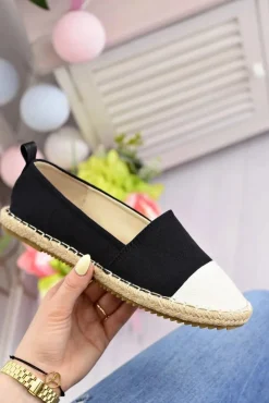 Boto Czarne Espadryle*Damskie Czarne Lniane Espadryle Beżowy Nosek Quebo