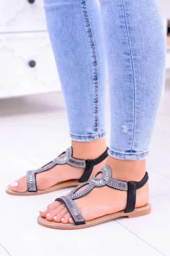 Damskie Boto Damskie Czarne Sandałki z Cyrkoniami Rent