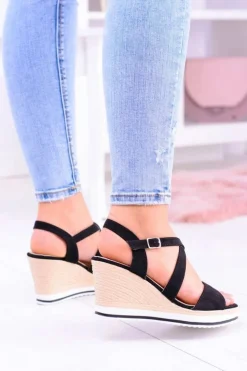 Boto Sandały Na Koturnie*Damskie Czarne Sandały Na Koturnie Showen