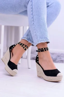 Discount Boto Damskie Czarne Sandały Na Koturnie Espadryle Aude