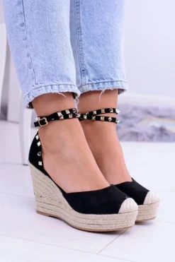 Discount Boto Damskie Czarne Sandały Na Koturnie Espadryle Aude