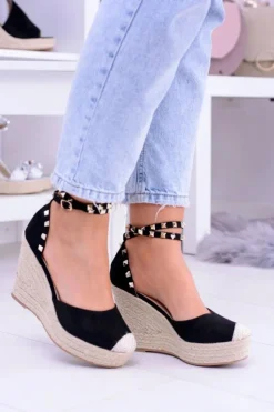 Discount Boto Damskie Czarne Sandały Na Koturnie Espadryle Aude