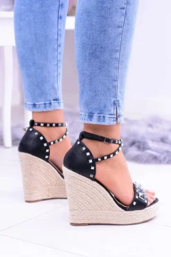 Boto Sandały Na Koturnie*Damskie Czarne Sandały Ćwieki Dżety Espadryle Mariko