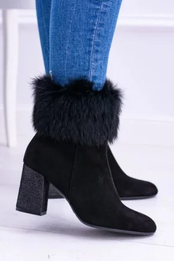 Damskie Laura Messi Damskie Czarne Zamszowe Botki Z Futrem 1689