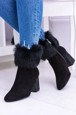 Damskie Laura Messi Damskie Czarne Zamszowe Botki Z Futrem 1689