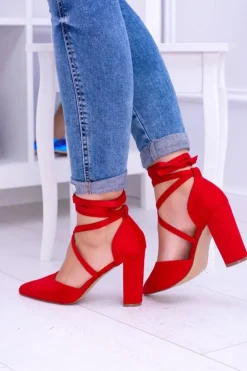 Boto Czółenka Zamszowe|Czółenka Na Słupku*Damskie Czółenka Na Słupku Wiązane Czerwone Demmi