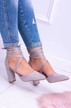 Hot Boto Damskie Czółenka Na Słupku Wiązane Szare Demmi