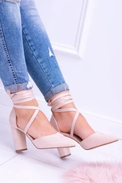 Boto Damskie Czółenka Na Słupku Wiązane Beżowe Demmi