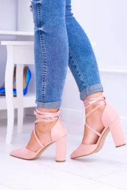 Damskie Boto Damskie Czółenka Na Słupku Wiązane Różowe Demmi