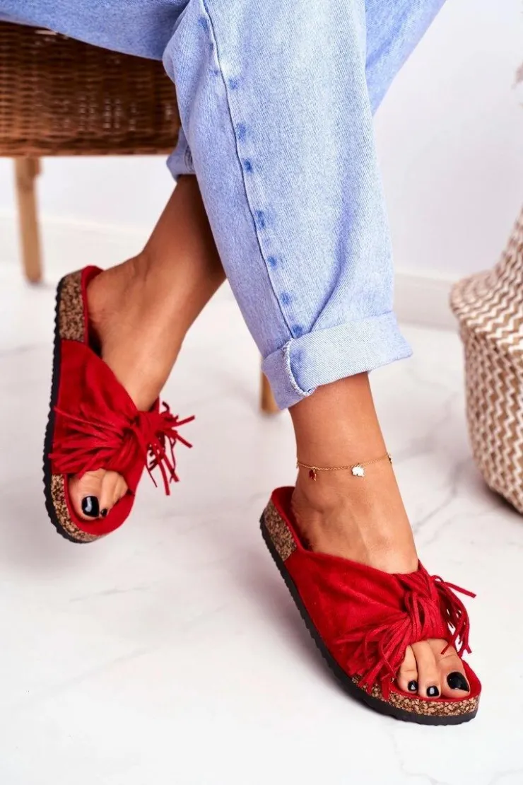 New Boto Damskie Czerwone Klapki Na Korku Frędzle Marina