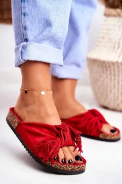 New Boto Damskie Czerwone Klapki Na Korku Frędzle Marina