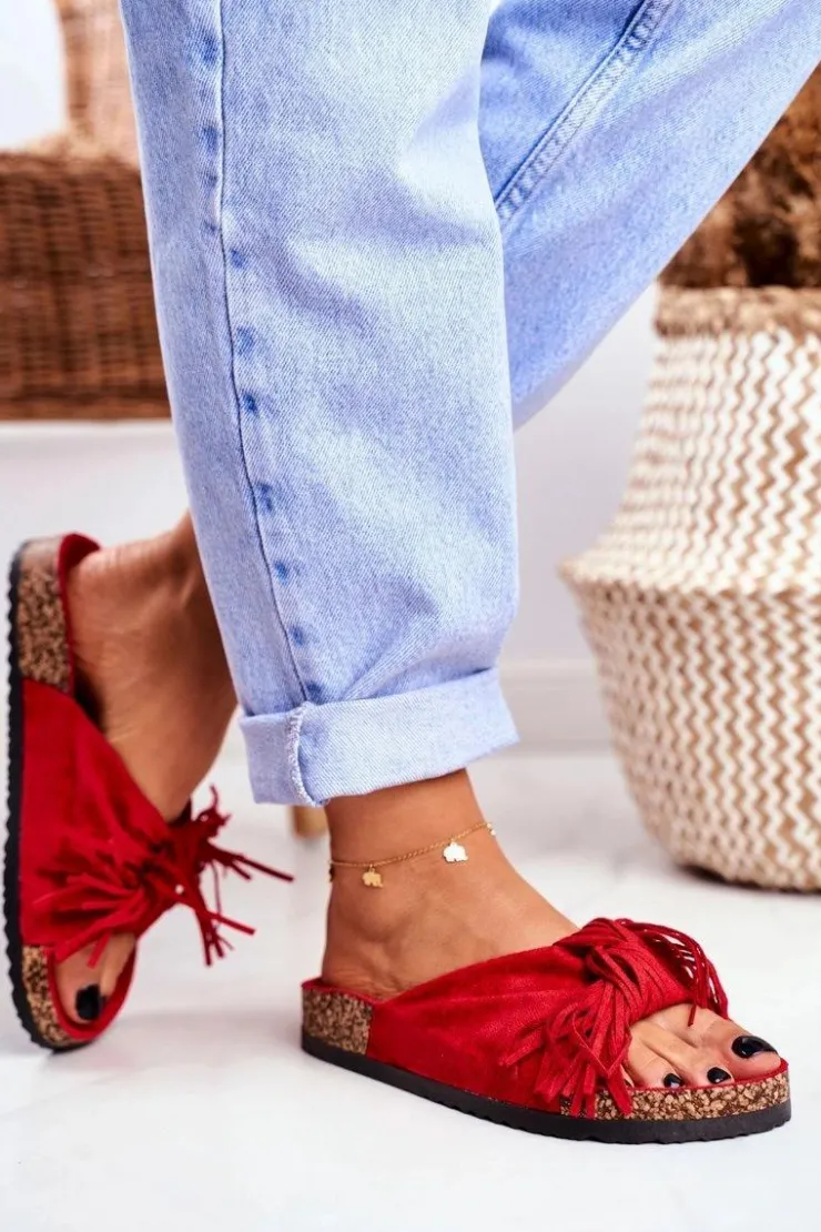 New Boto Damskie Czerwone Klapki Na Korku Frędzle Marina