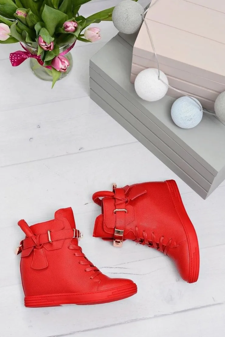 Boto Sneakersy Damskie*Damskie Czerwone Sneakersy Złota Kłódka Koturn Hudgens