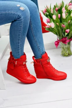 Boto Sneakersy Damskie*Damskie Czerwone Sneakersy Złota Kłódka Koturn Hudgens