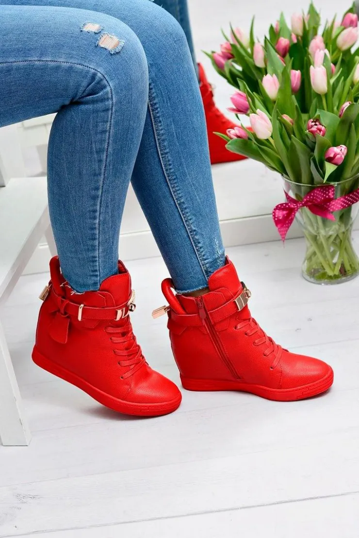 Boto Sneakersy Damskie*Damskie Czerwone Sneakersy Złota Kłódka Koturn Hudgens