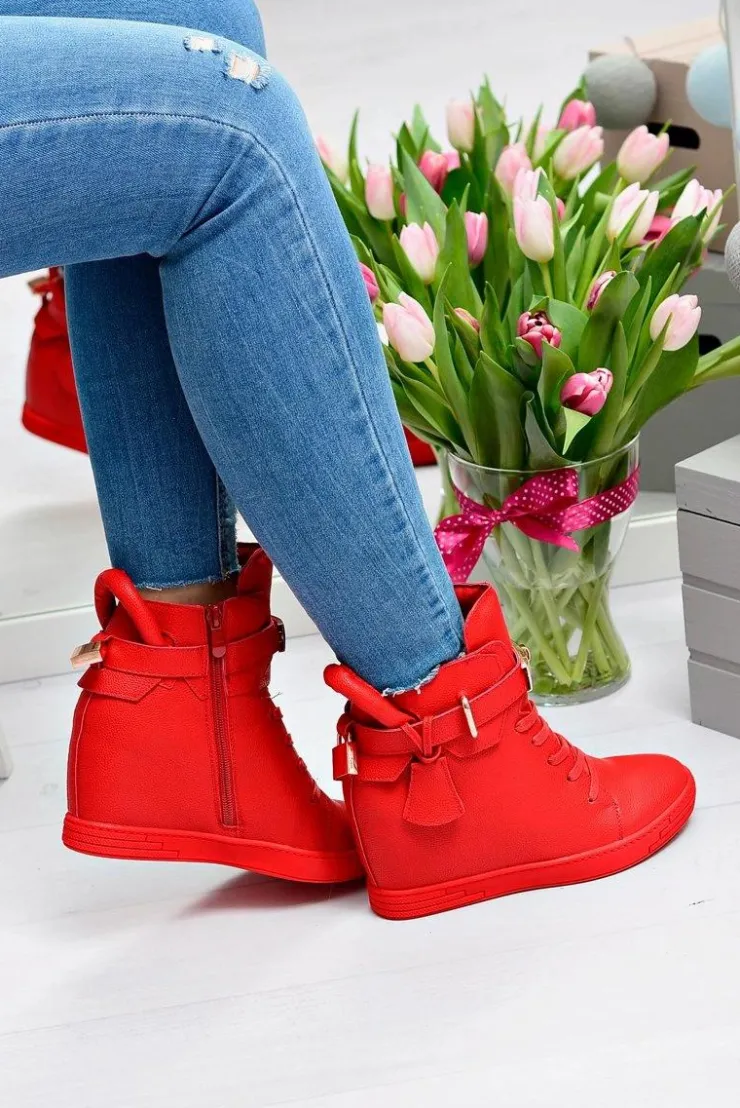 Boto Sneakersy Damskie*Damskie Czerwone Sneakersy Złota Kłódka Koturn Hudgens