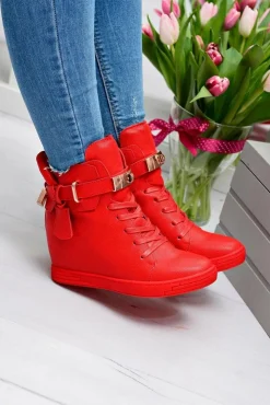 Boto Sneakersy Damskie*Damskie Czerwone Sneakersy Złota Kłódka Koturn Hudgens