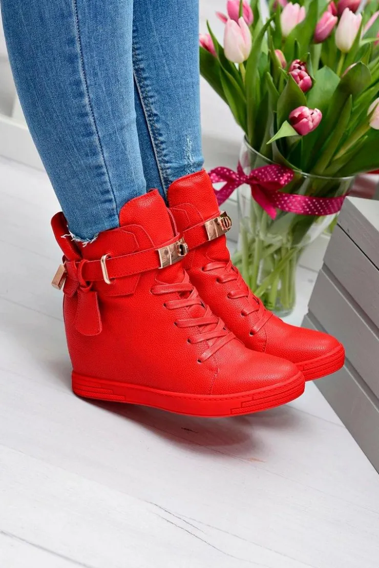 Boto Sneakersy Damskie*Damskie Czerwone Sneakersy Złota Kłódka Koturn Hudgens