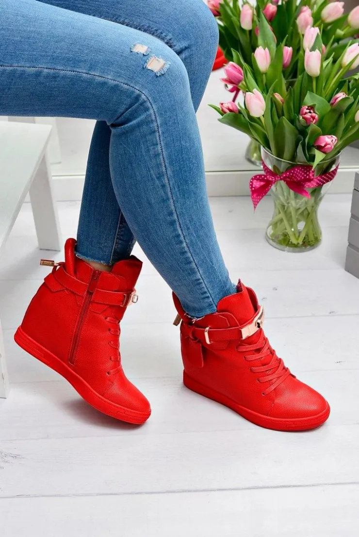 Boto Sneakersy Damskie*Damskie Czerwone Sneakersy Złota Kłódka Koturn Hudgens