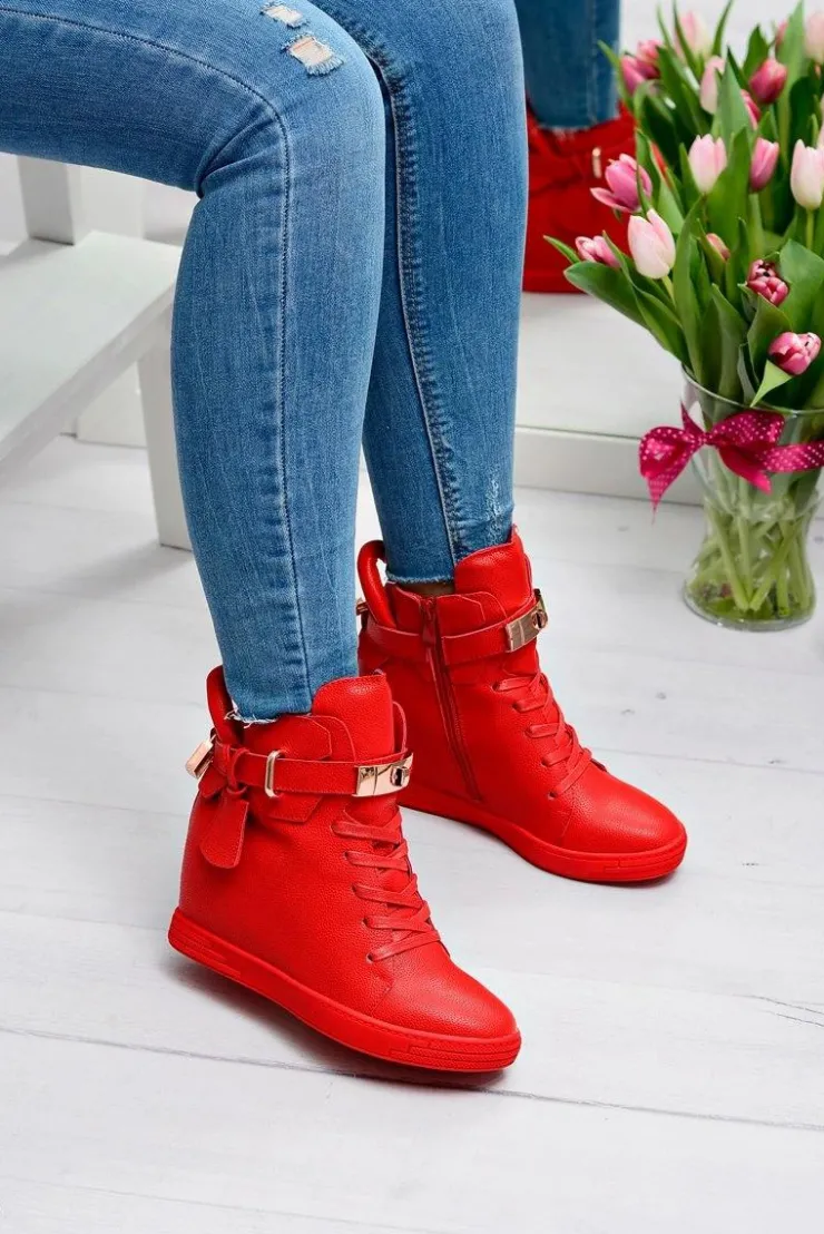 Boto Sneakersy Damskie*Damskie Czerwone Sneakersy Złota Kłódka Koturn Hudgens