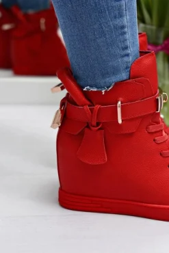 Boto Sneakersy Damskie*Damskie Czerwone Sneakersy Złota Kłódka Koturn Hudgens