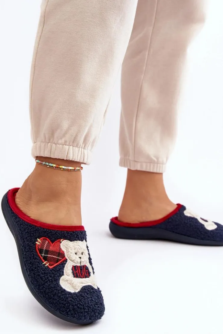 INBLU Kapcie Klasyczne|Klapki Damskie Klasyczne*Damskie Domowe Klapki Kapcie Z Misiem EC000095 Granatowe
