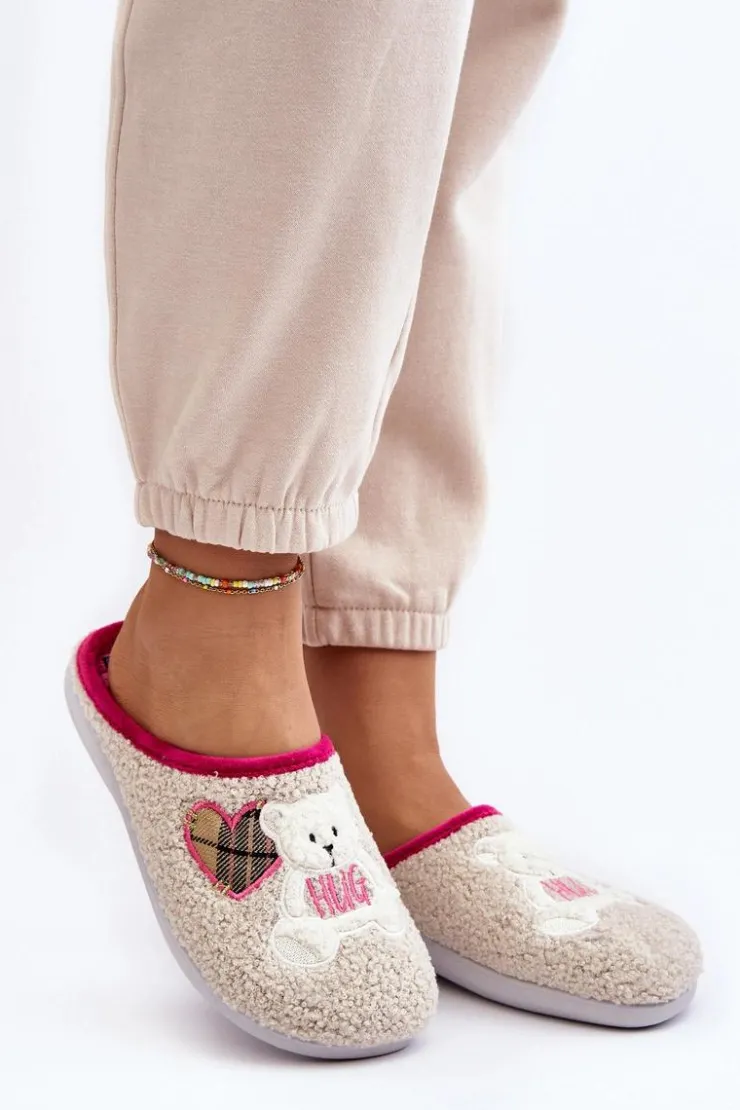Sale INBLU Damskie Domowe Klapki Kapcie Z Misiem EC000095 Beżowe