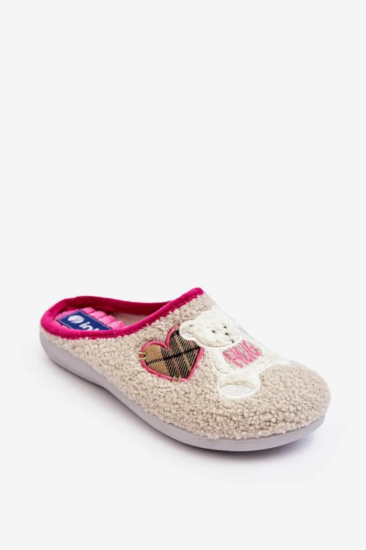 Sale INBLU Damskie Domowe Klapki Kapcie Z Misiem EC000095 Beżowe