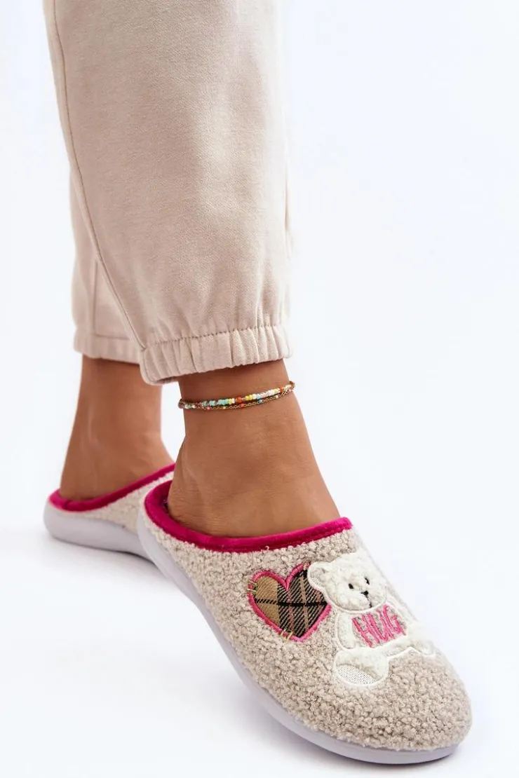 Sale INBLU Damskie Domowe Klapki Kapcie Z Misiem EC000095 Beżowe