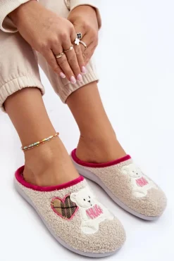 Sale INBLU Damskie Domowe Klapki Kapcie Z Misiem EC000095 Beżowe