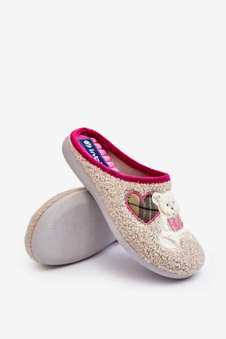 Sale INBLU Damskie Domowe Klapki Kapcie Z Misiem EC000095 Beżowe