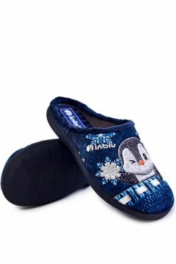 INBLU Kapcie Klasyczne|Klapki Damskie Klasyczne*Damskie Domowe Klapki Papcie Pingwiny EC-81-004 Granatowe