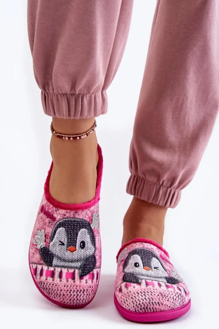 Damskie INBLU Damskie Domowe Klapki Papcie Pingwiny EC-81-023 Różowe