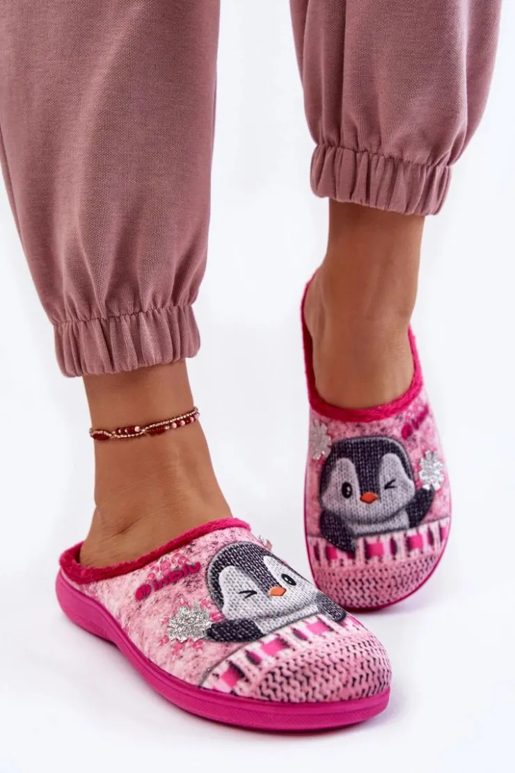 Damskie INBLU Damskie Domowe Klapki Papcie Pingwiny EC-81-023 Różowe