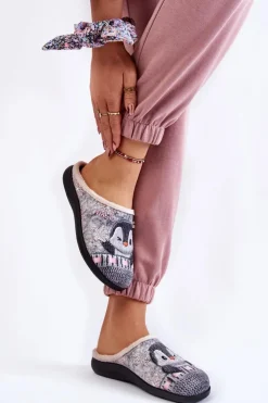 Online INBLU Damskie Domowe Klapki Papcie Pingwiny EC-81-025 Szare