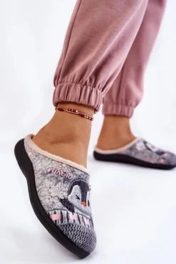 Online INBLU Damskie Domowe Klapki Papcie Pingwiny EC-81-025 Szare