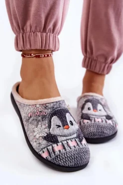 Online INBLU Damskie Domowe Klapki Papcie Pingwiny EC-81-025 Szare