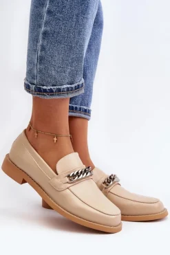 Damskie Boto Damskie Eko Skórzane Mokasyny Z Łańcuchem Beżowe Nohlies