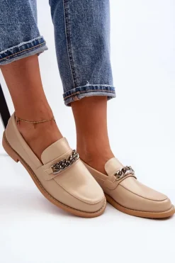 Damskie Boto Damskie Eko Skórzane Mokasyny Z Łańcuchem Beżowe Nohlies