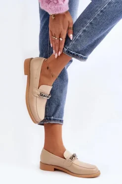 Damskie Boto Damskie Eko Skórzane Mokasyny Z Łańcuchem Beżowe Nohlies